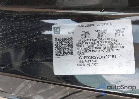 2020 Chevrolet Camaro Rwd 2Lt из США, поврежденный, VIN 1G1FD1RS9L0107151